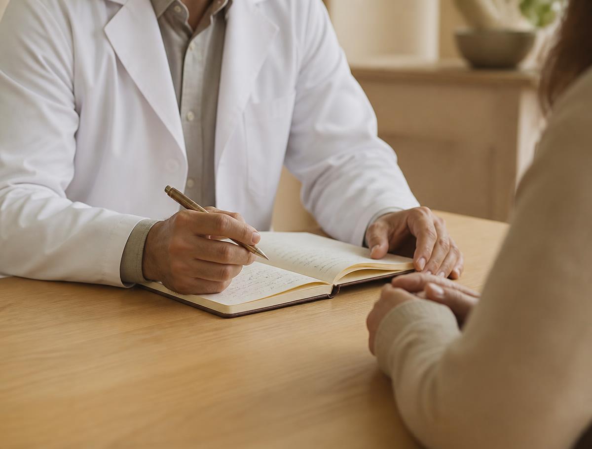 Médico registrando anotações durante consulta com paciente